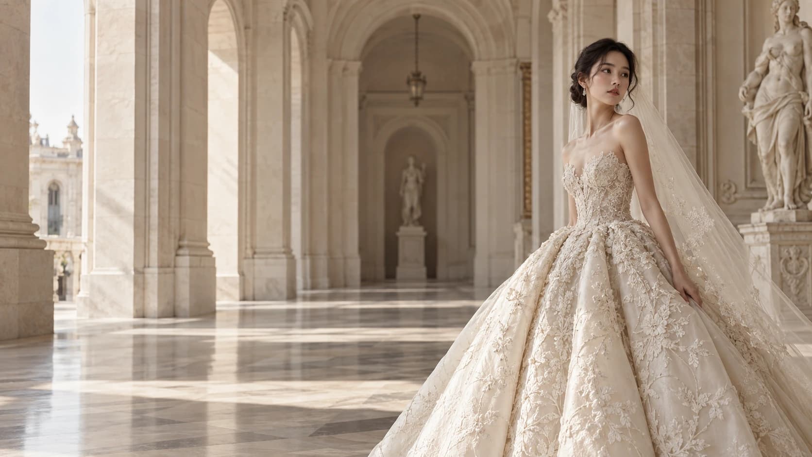 Bride in an ivory couture gown in a sunlit gallery